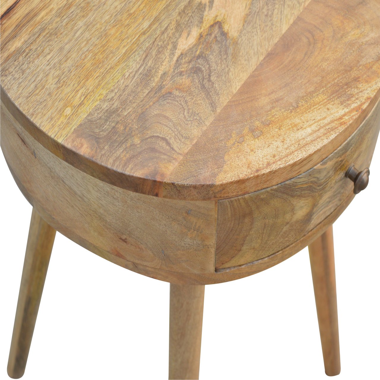 Handcrafted Solid Mango Wood Bedside Table – Chestnut Finish, Circular Design