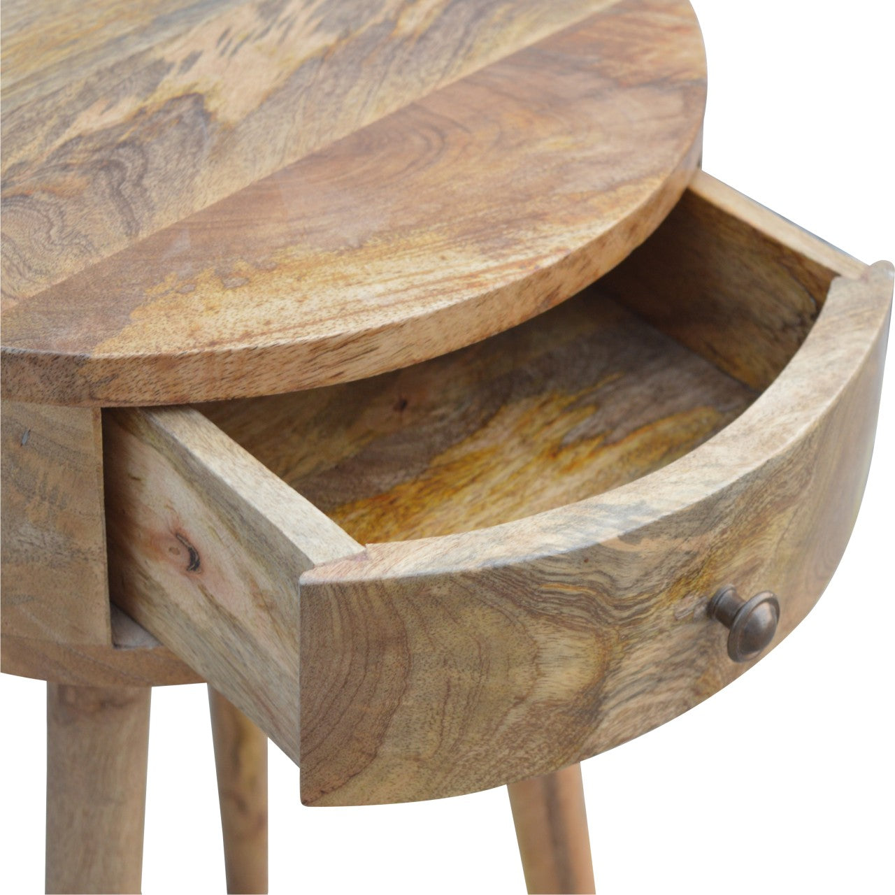 Handcrafted Solid Mango Wood Bedside Table – Chestnut Finish, Circular Design