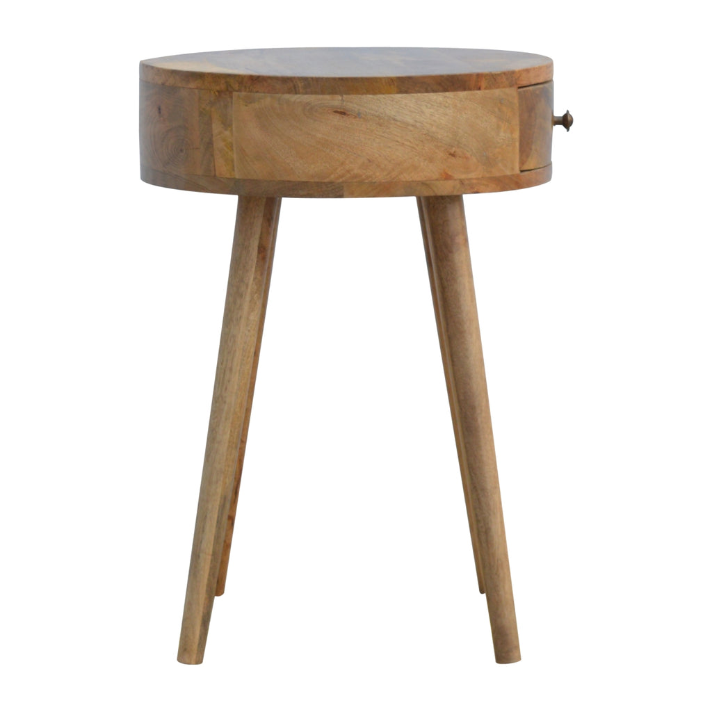 Handcrafted Solid Mango Wood Bedside Table – Chestnut Finish, Circular Design