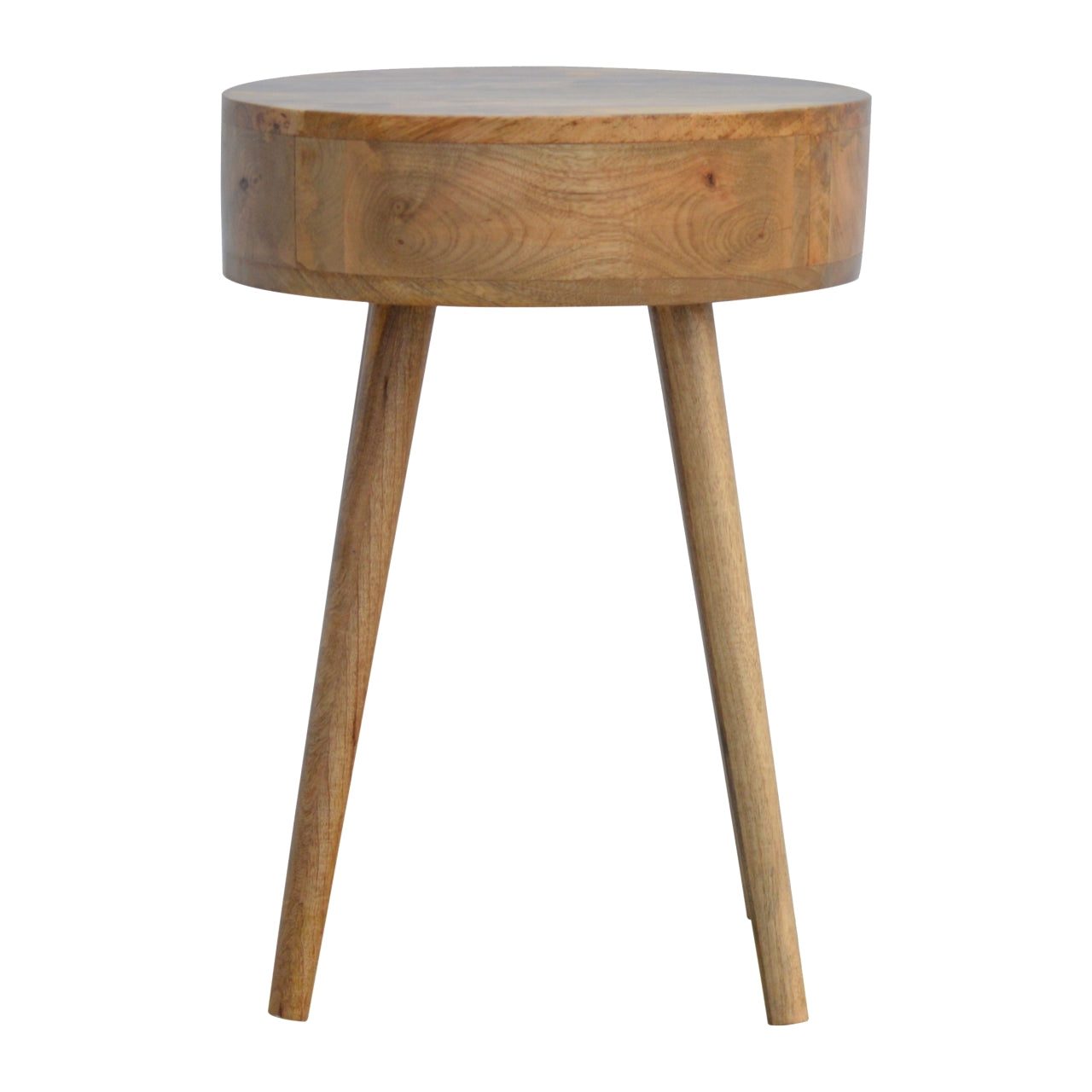 Handcrafted Solid Mango Wood Bedside Table – Chestnut Finish, Circular Design