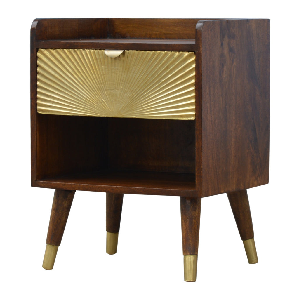 Contemporary Solid Mango Wood Bedside Table – Chestnut Finish, Brass Plated Drawer
