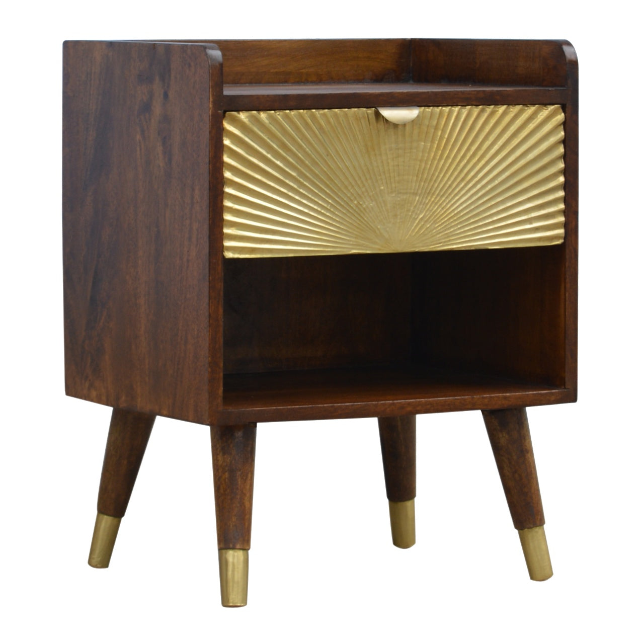 Contemporary Solid Mango Wood Bedside Table – Chestnut Finish, Brass Plated Drawer