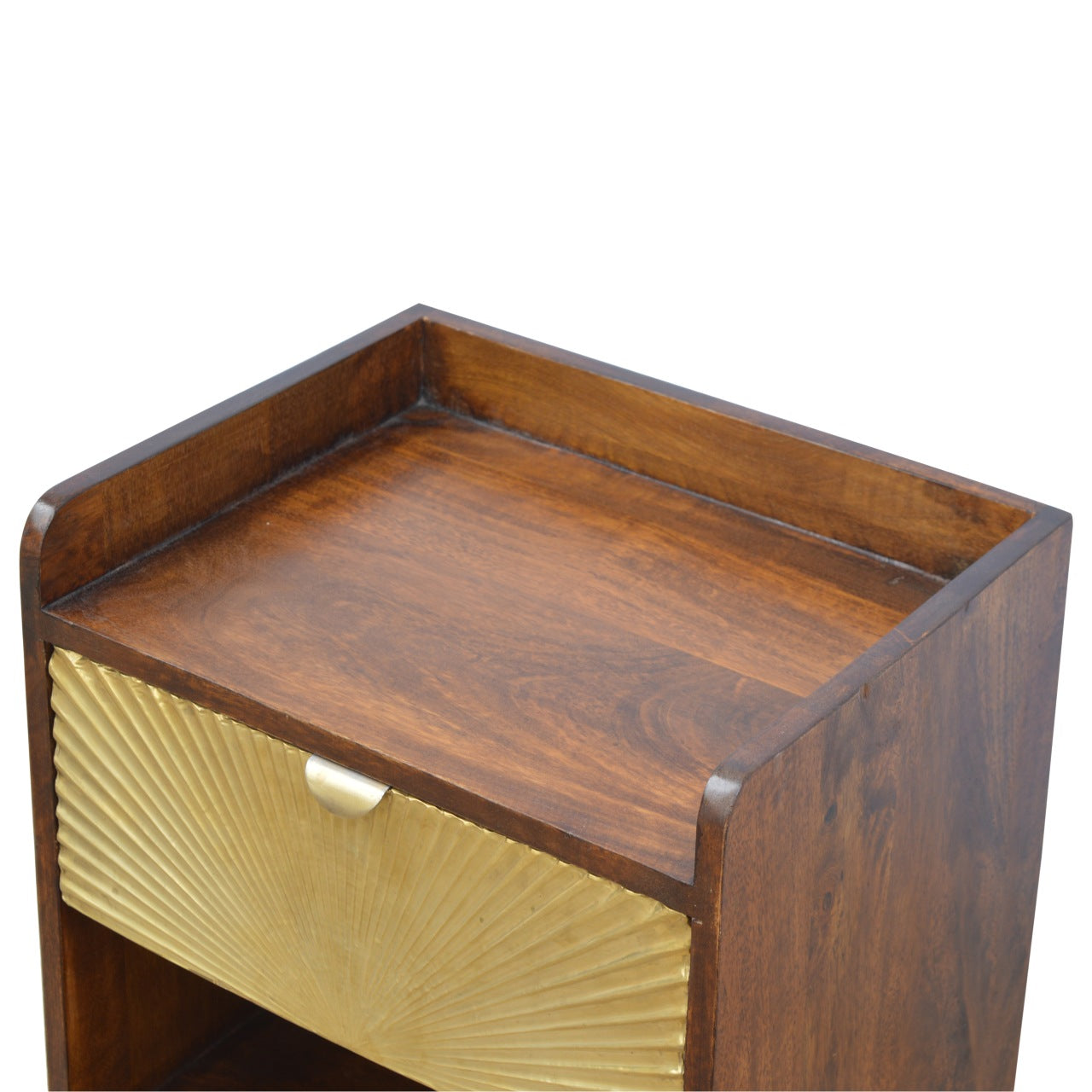 Contemporary Solid Mango Wood Bedside Table – Chestnut Finish, Brass Plated Drawer
