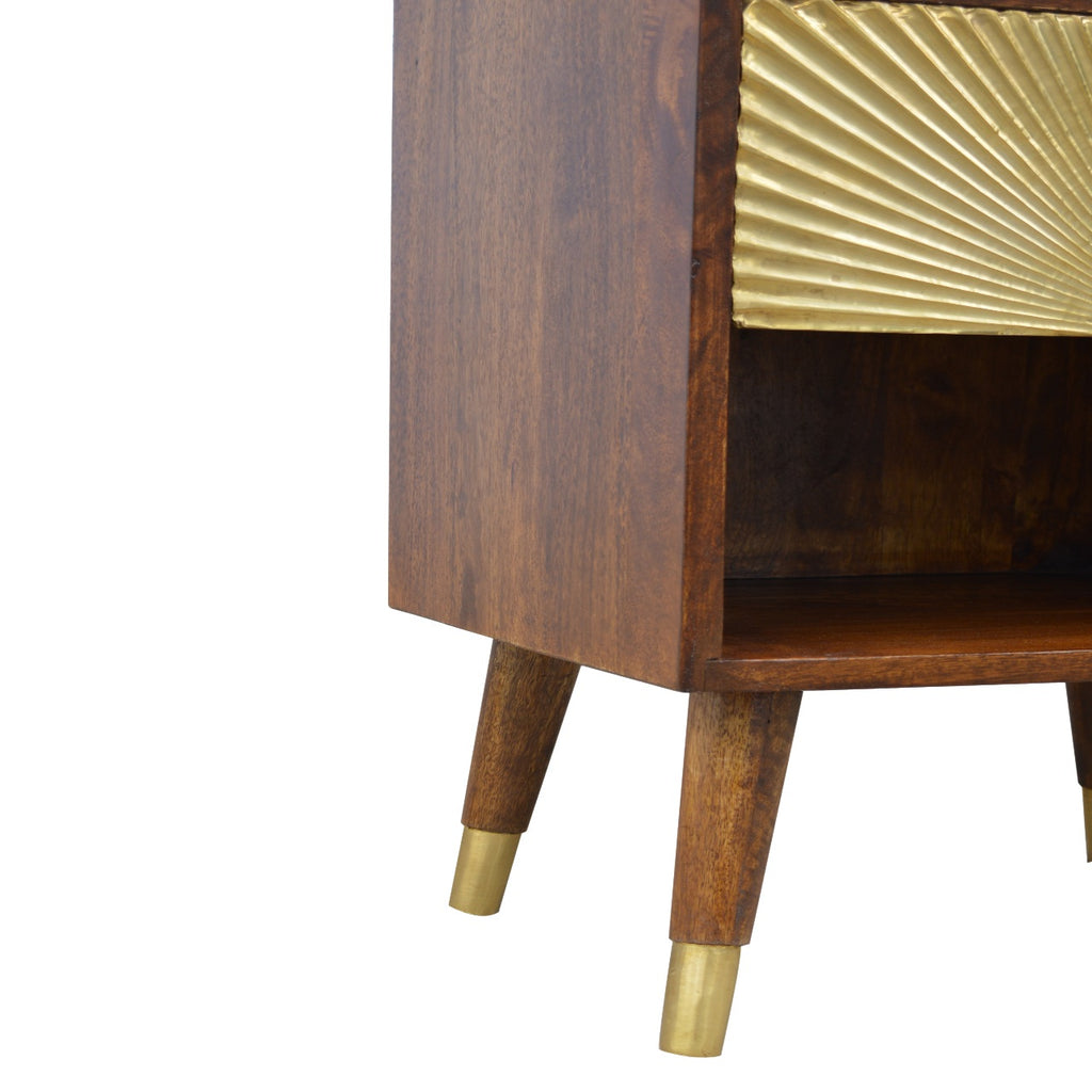 Contemporary Solid Mango Wood Bedside Table – Chestnut Finish, Brass Plated Drawer