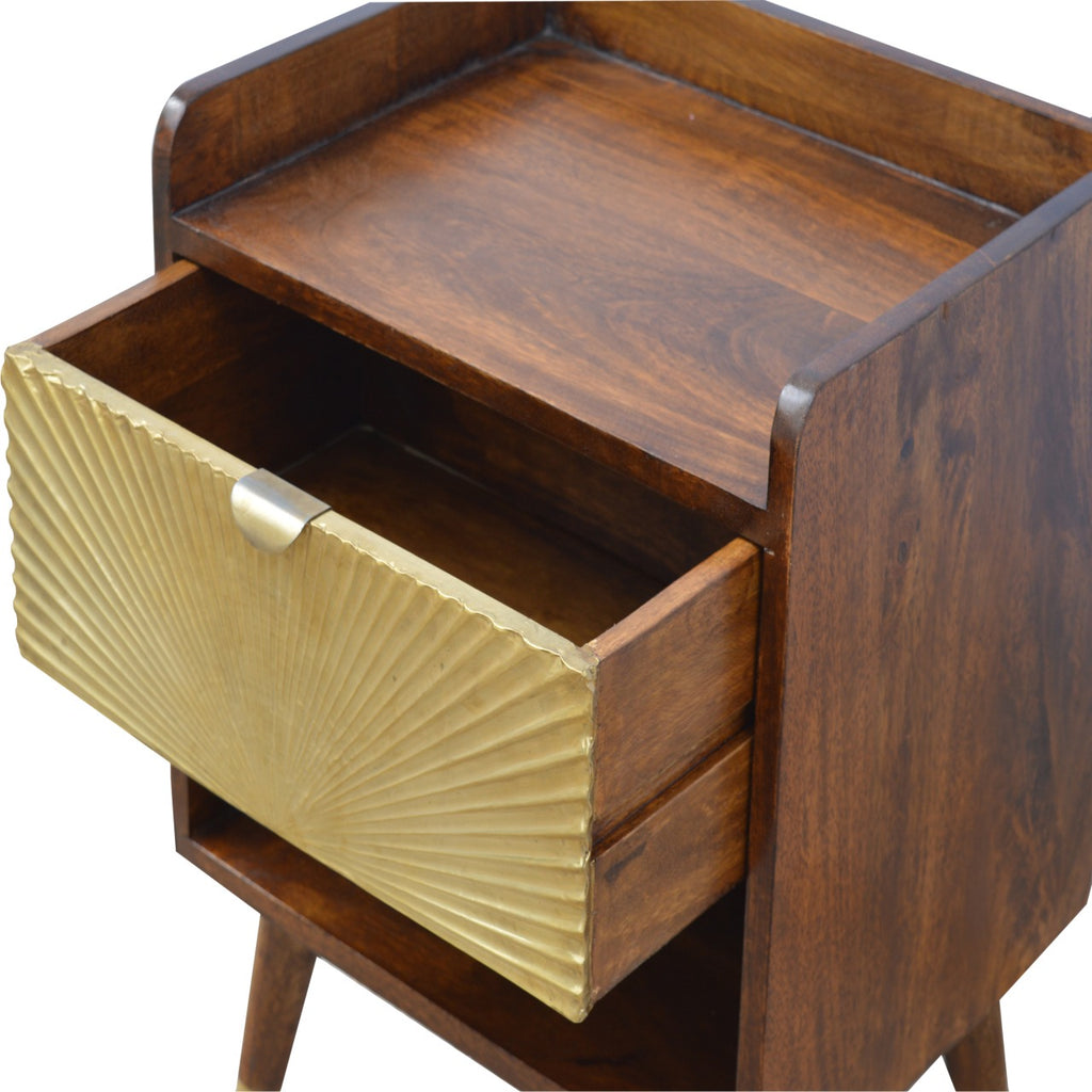 Contemporary Solid Mango Wood Bedside Table – Chestnut Finish, Brass Plated Drawer