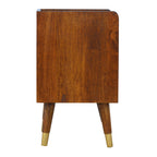 Contemporary Solid Mango Wood Bedside Table – Chestnut Finish, Brass Plated Drawer
