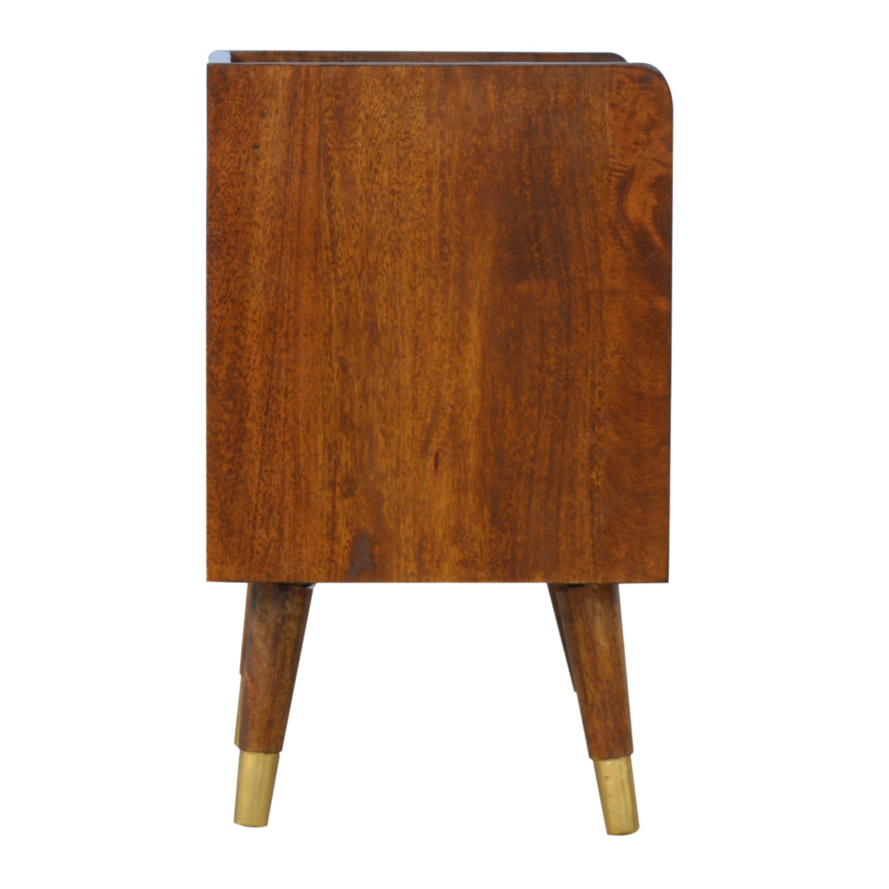 Contemporary Solid Mango Wood Bedside Table – Chestnut Finish, Brass Plated Drawer