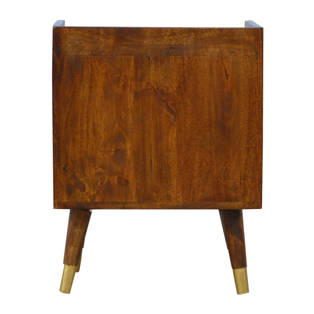 Contemporary Solid Mango Wood Bedside Table – Chestnut Finish, Brass Plated Drawer