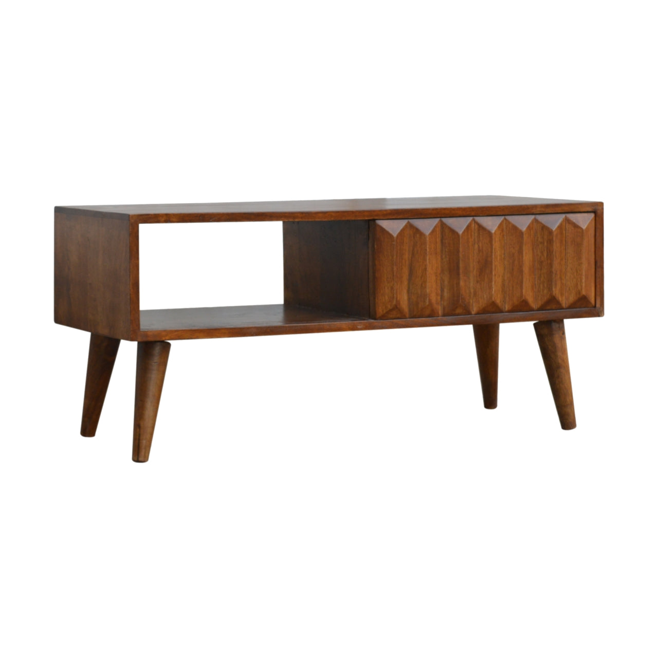 Compact Solid Mango Wood TV Unit – Chestnut Finish, Raised Prism Design