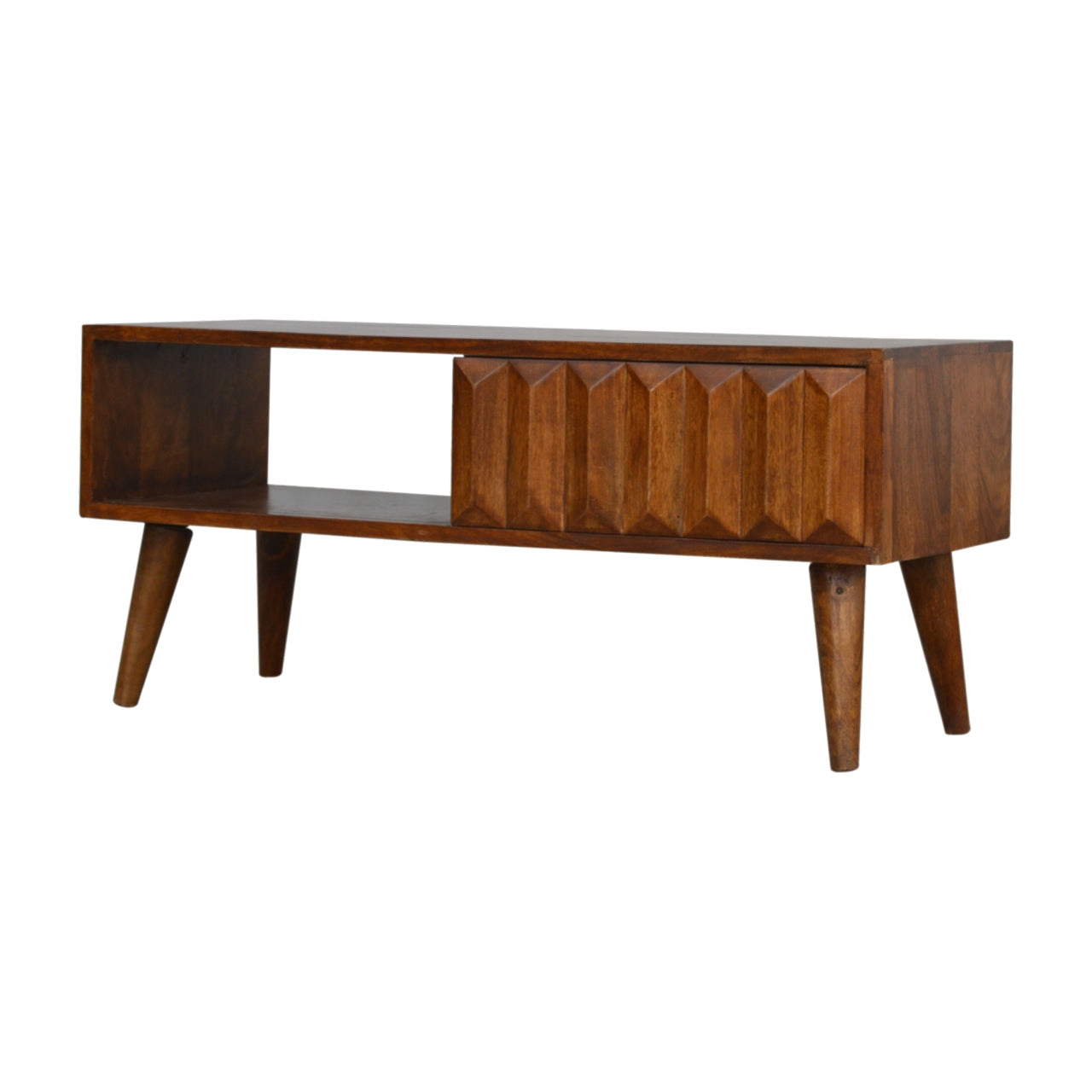 Compact Solid Mango Wood TV Unit – Chestnut Finish, Raised Prism Design