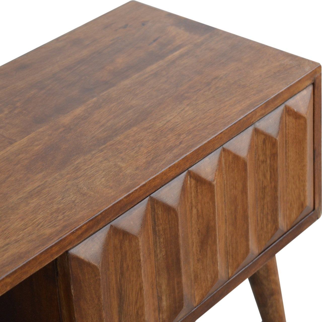 Compact Solid Mango Wood TV Unit – Chestnut Finish, Raised Prism Design