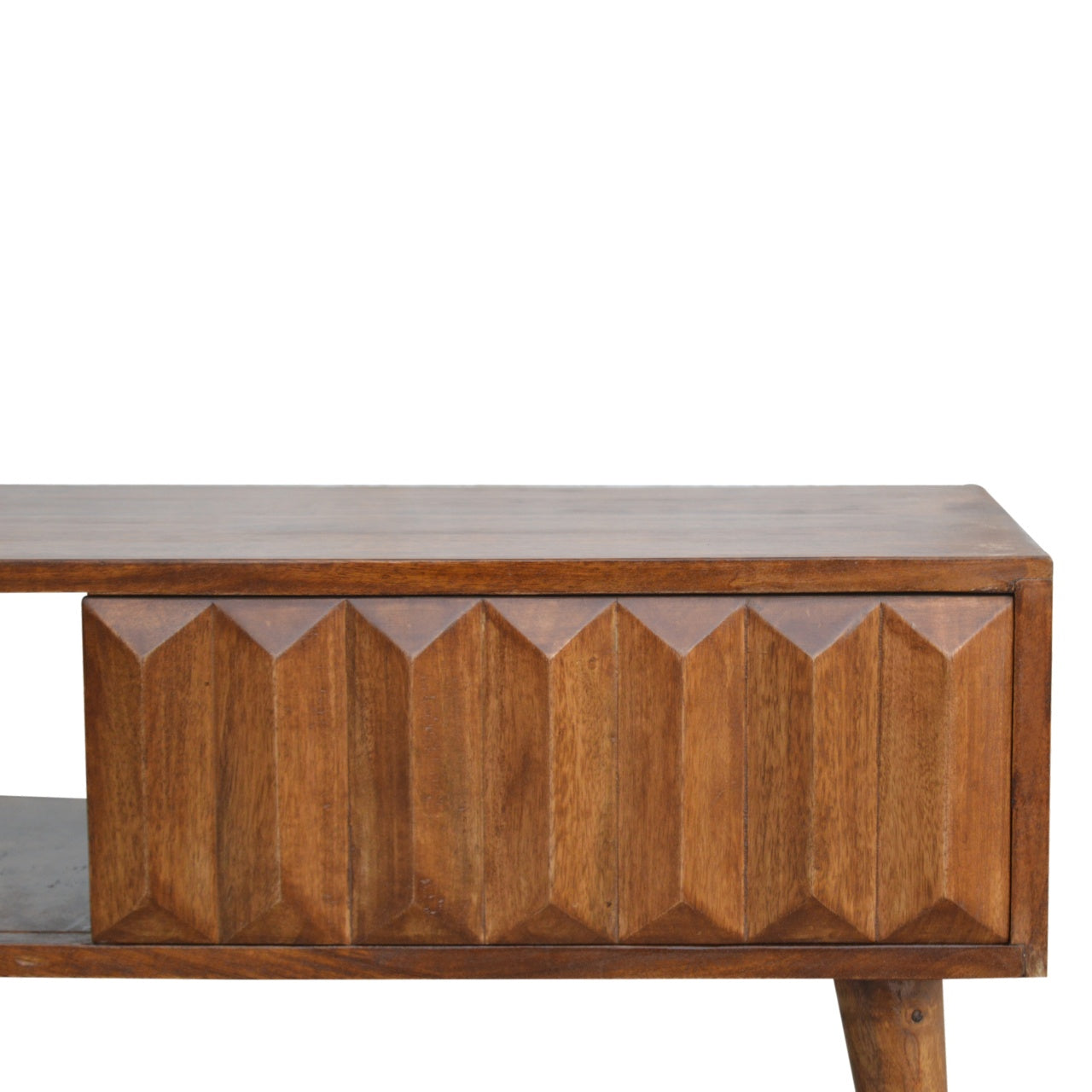 Compact Solid Mango Wood TV Unit – Chestnut Finish, Raised Prism Design