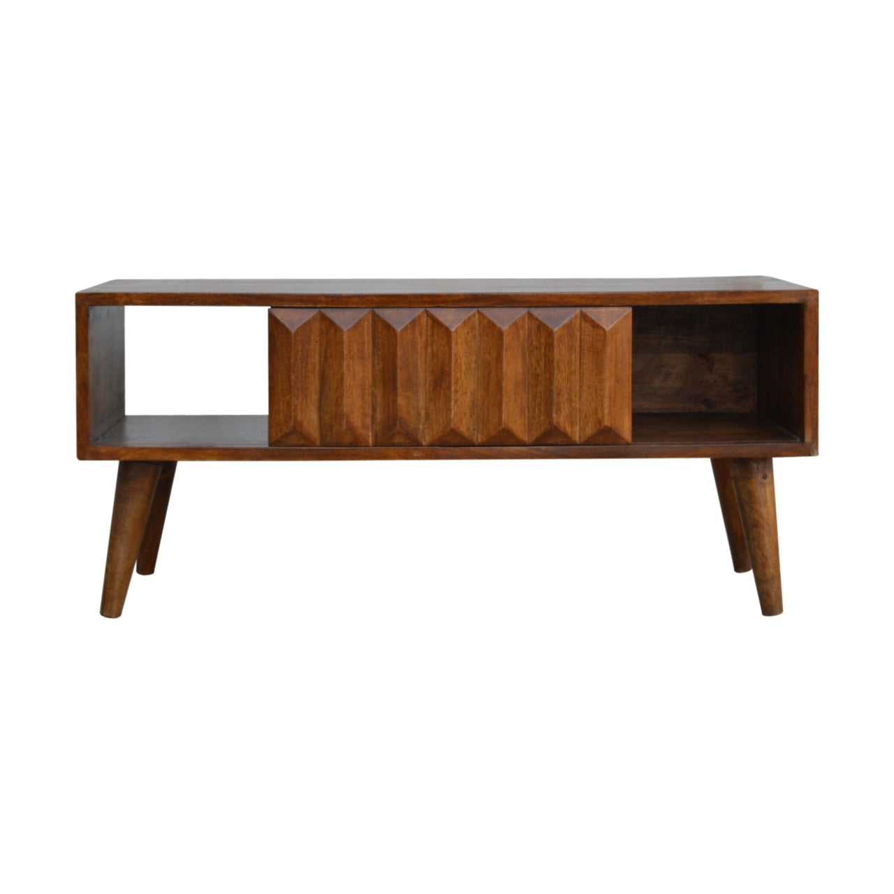 Compact Solid Mango Wood TV Unit – Chestnut Finish, Raised Prism Design