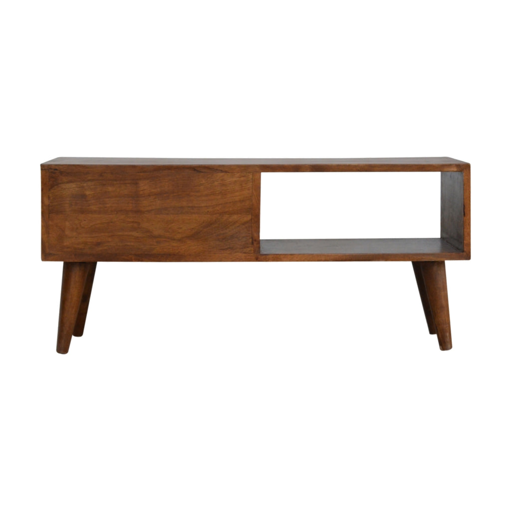 Compact Solid Mango Wood TV Unit – Chestnut Finish, Raised Prism Design