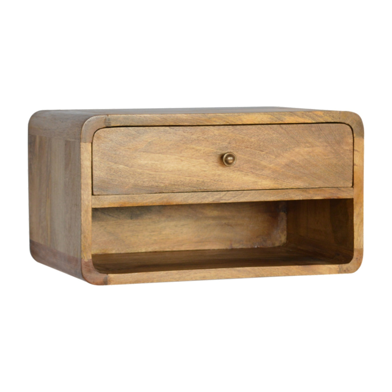 Space-Saving Solid Mango Wood Wall-mounted Nightstand – Beige Finish, Open Shelf