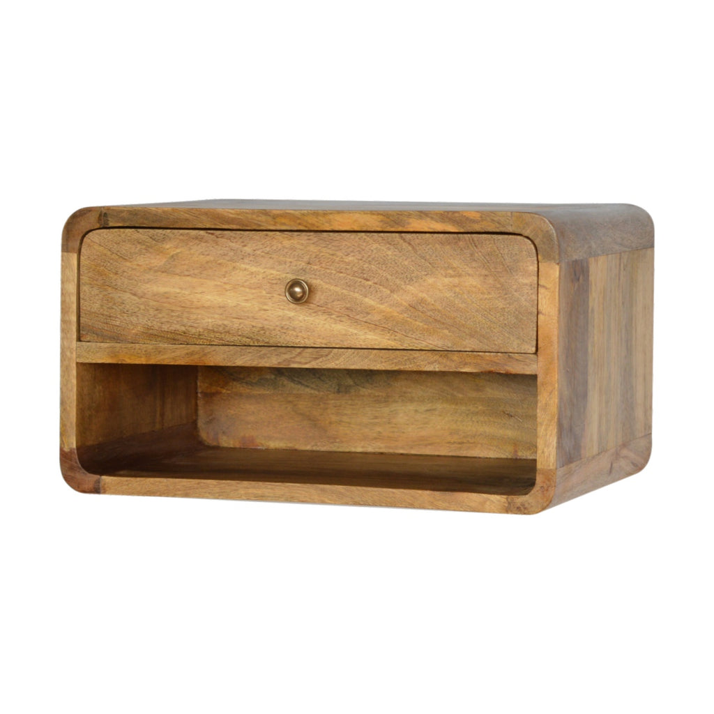 Space-Saving Solid Mango Wood Wall-mounted Nightstand – Beige Finish, Open Shelf