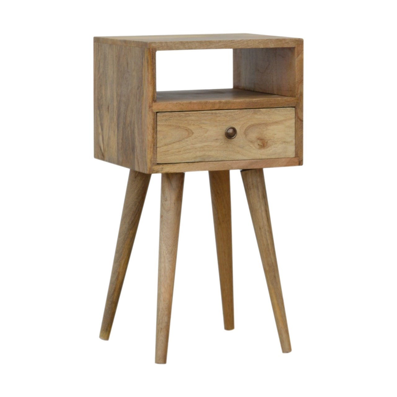Compact Solid Mango Wood Bedside Table – Brown Finish, 1 Drawer