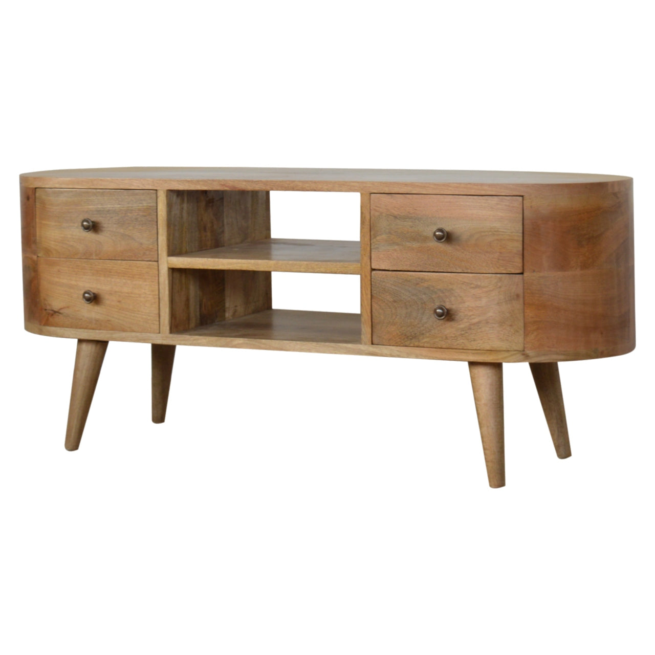 Compact Solid Mango Wood TV Unit – Oak Finish, 2 Open Slots