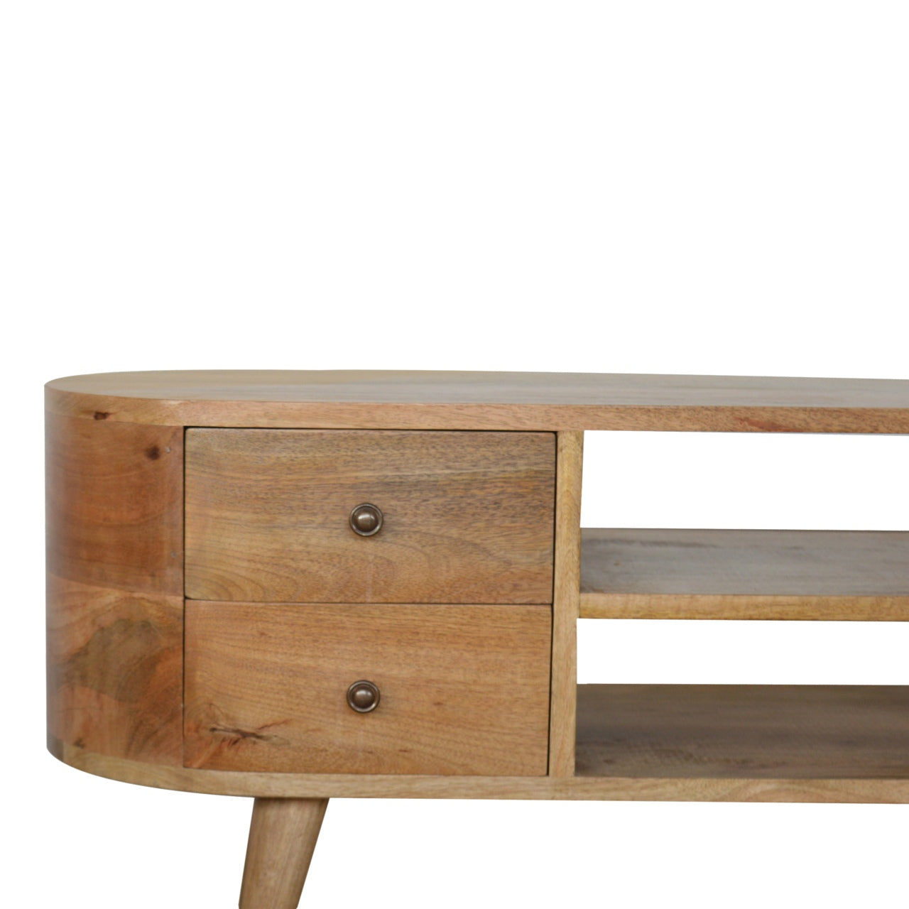 Compact Solid Mango Wood TV Unit – Oak Finish, 2 Open Slots