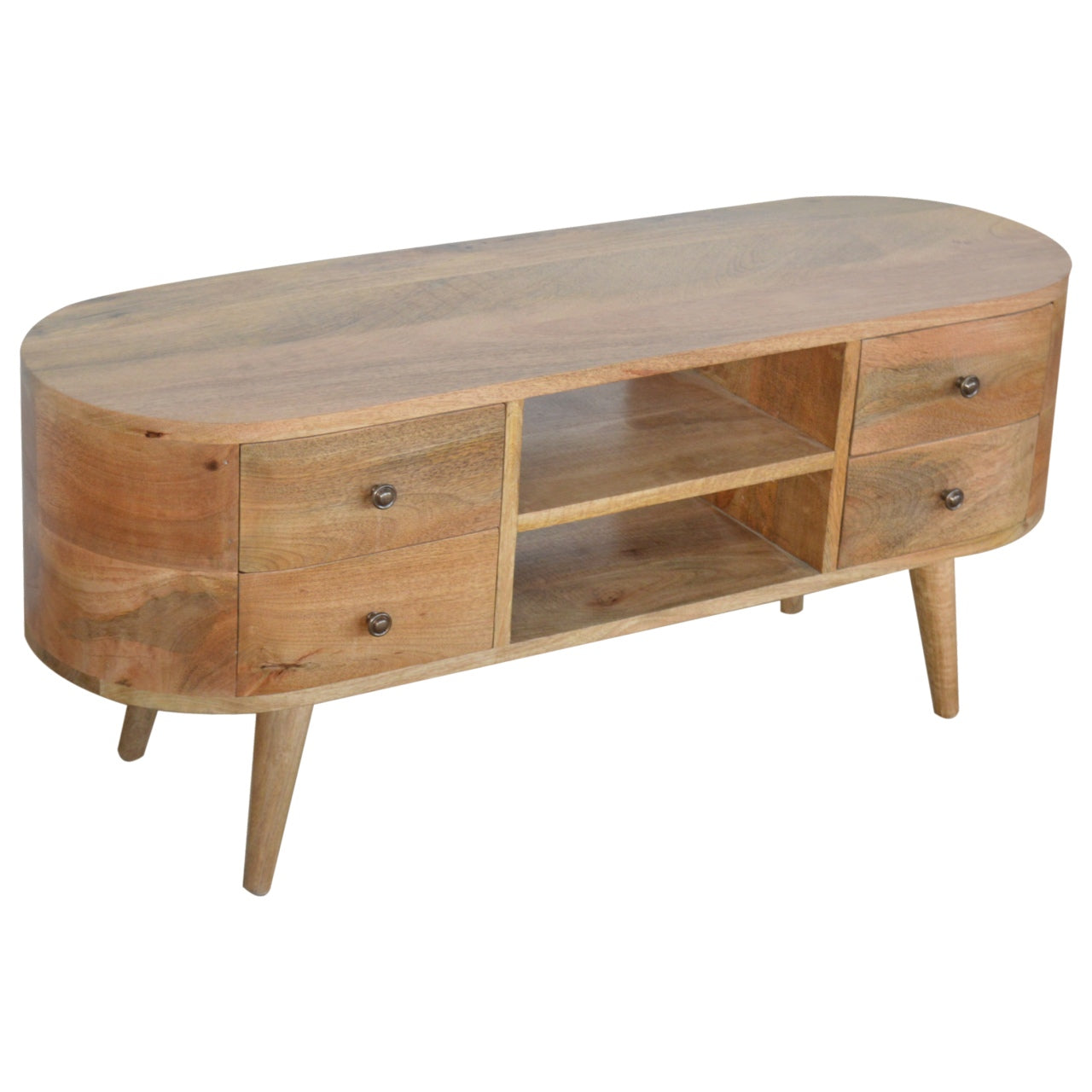 Compact Solid Mango Wood TV Unit – Oak Finish, 2 Open Slots