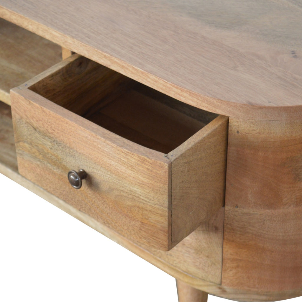 Compact Solid Mango Wood TV Unit – Oak Finish, 2 Open Slots