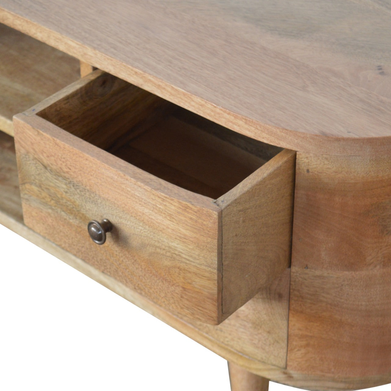 Compact Solid Mango Wood TV Unit – Oak Finish, 2 Open Slots