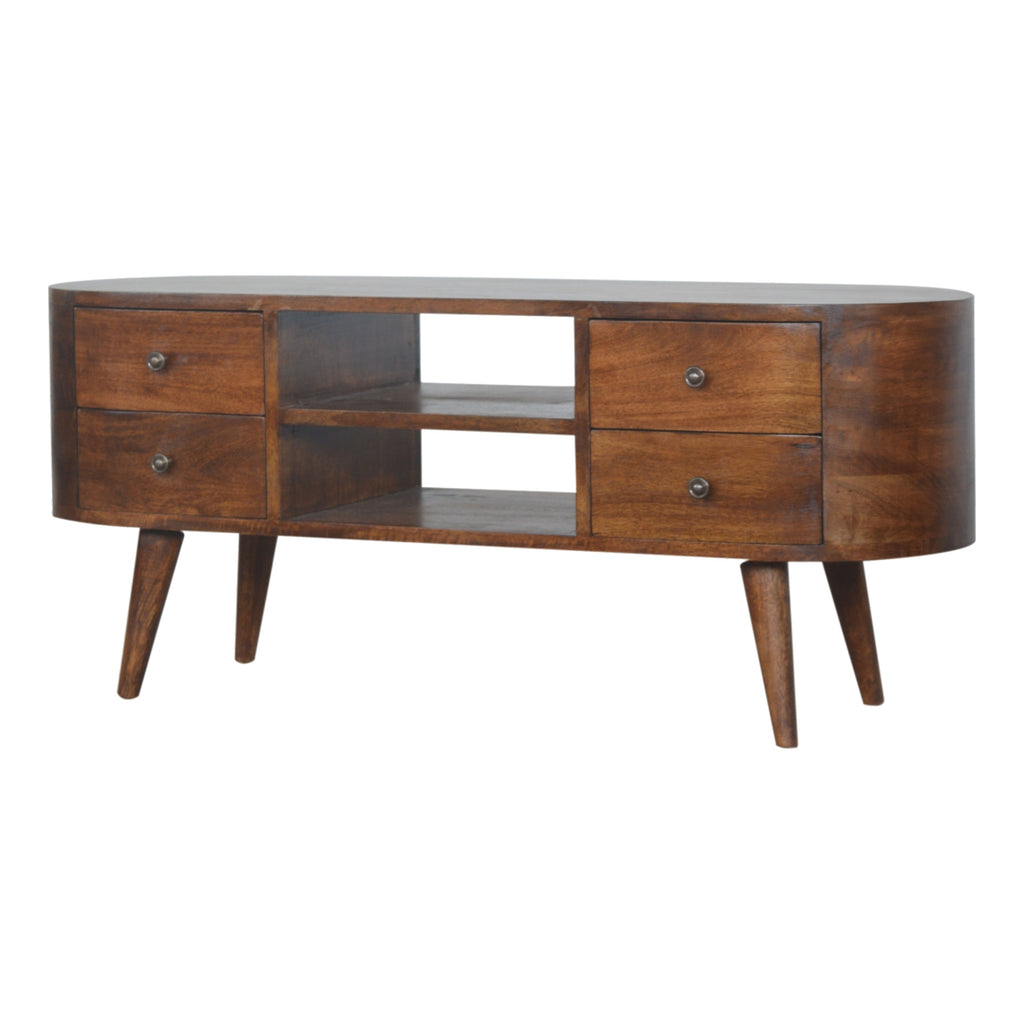 Handcrafted Solid Mango Wood TV Unit – Chestnut Finish, 4 Drawers