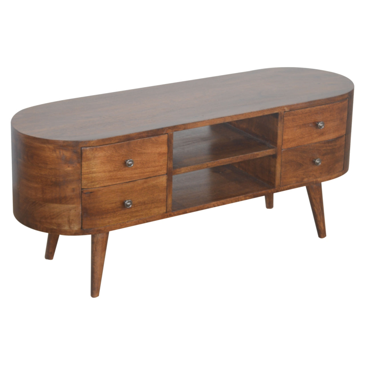 Handcrafted Solid Mango Wood TV Unit – Chestnut Finish, 4 Drawers