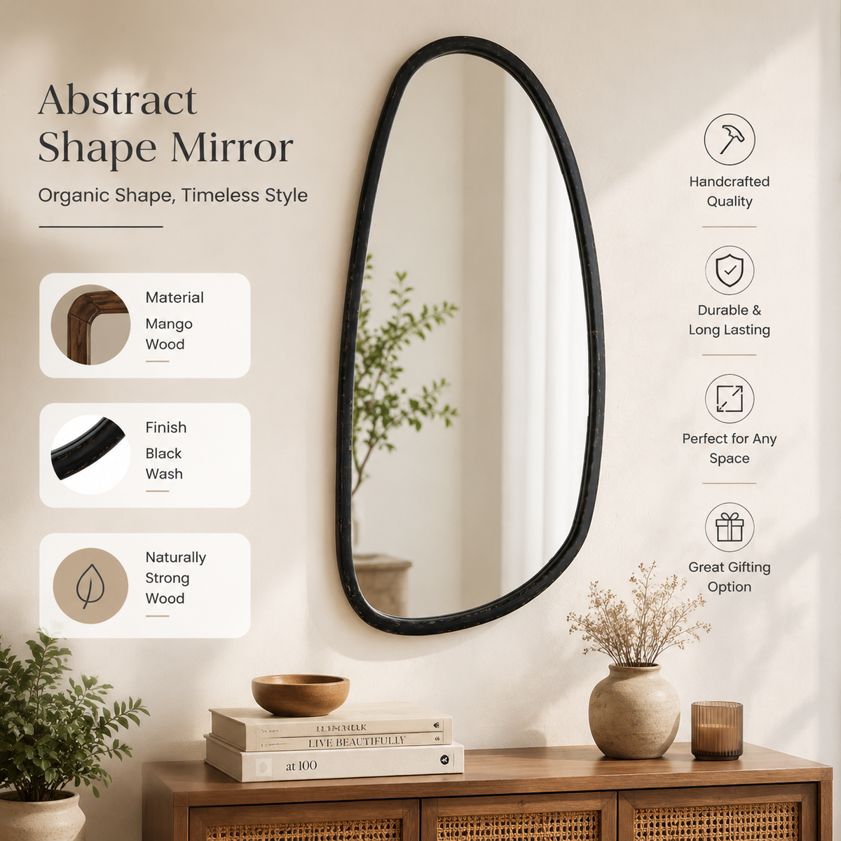 Abstract Wall Mirror in Black Wash Mango Wood