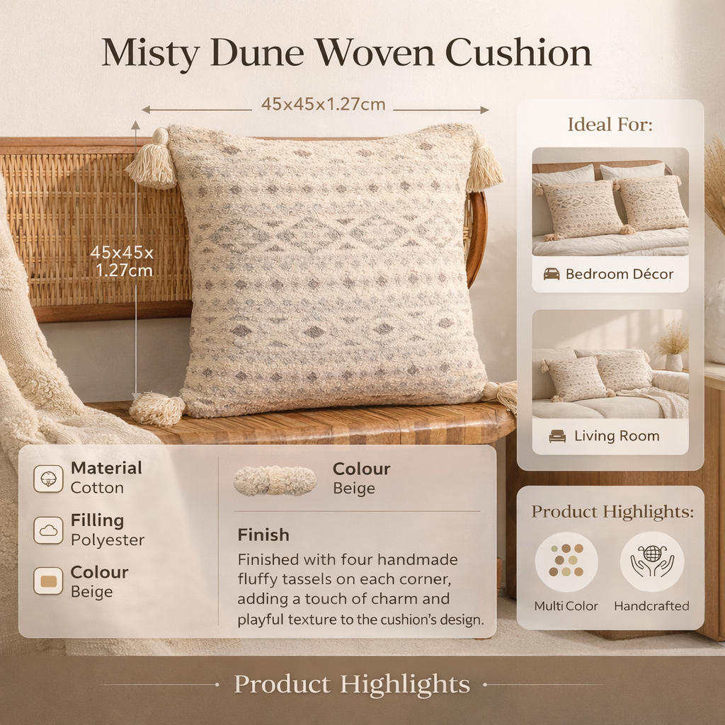 Misty Dune Woven Cushion with Tassels, Beige 45x45 cm