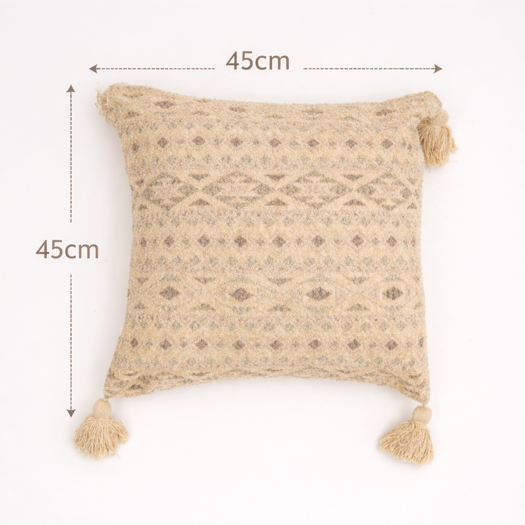Misty Dune Woven Cushion with Tassels, Beige 45x45 cm