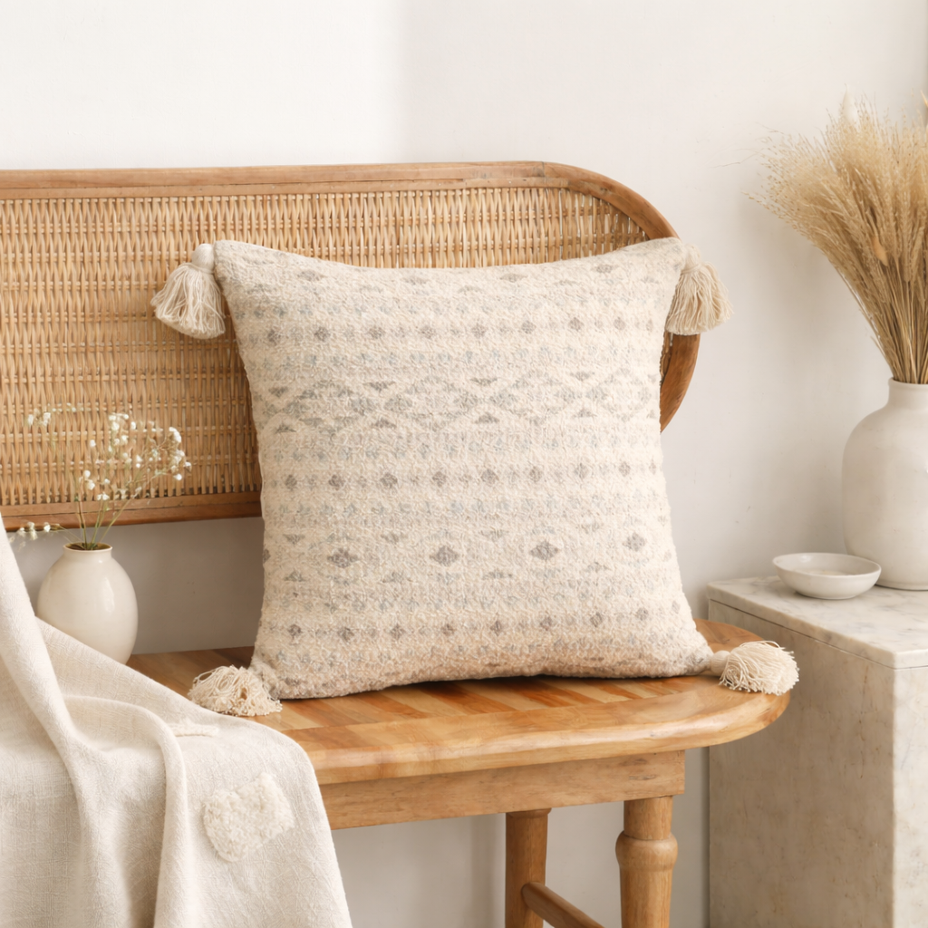 Misty Dune Woven Cushion with Tassels, Beige 45x45 cm